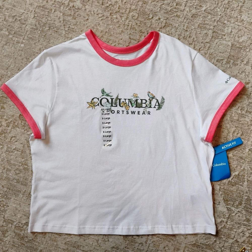 NWT XL Columbia Rolling Bend Graphic Ringer Tee White Logo T-Shirt NEW